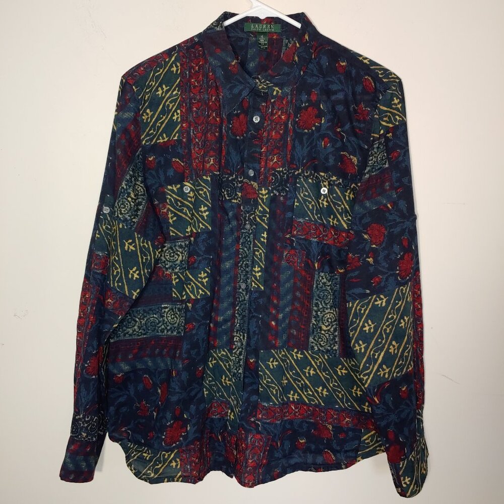 Lauren Ralph Lauren Aztec Abstract Print Button Down Long Sleeve Shirt XL Green